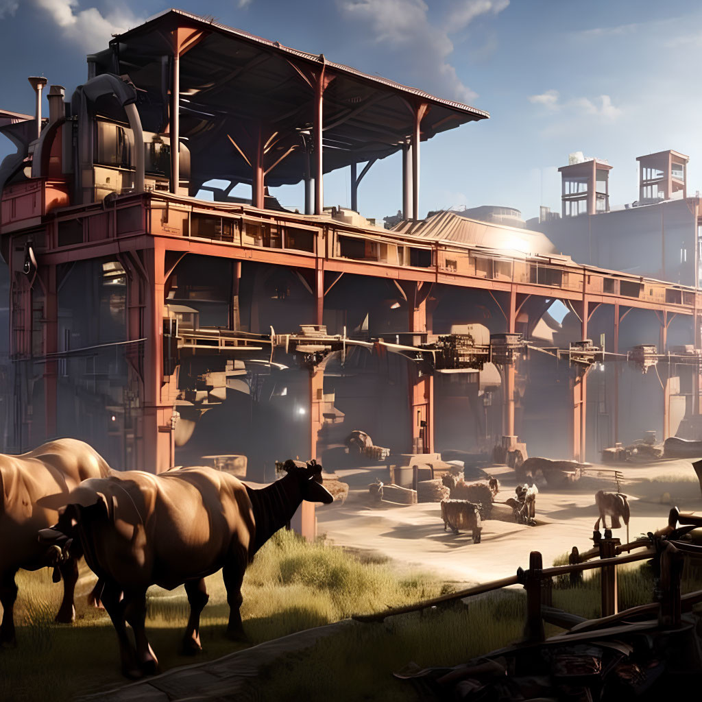 Industrial facility with steel structures and pipes, horses walking on dirt ground under clear skies