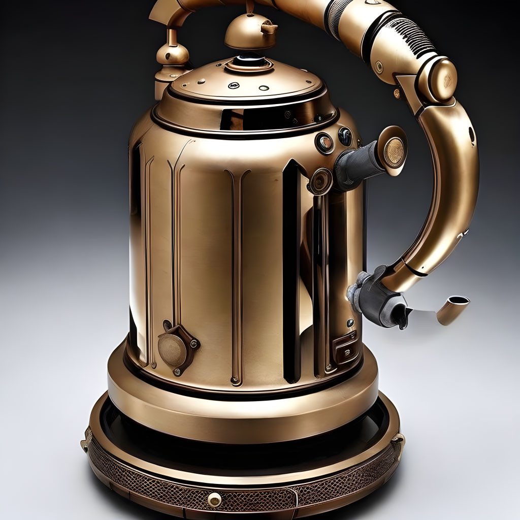 Brass Steampunk Kettle with Curved Spout and Pressure Gauge