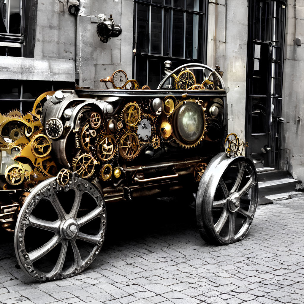 Steampunk-inspired vehicle with exposed gears, cogs, and mechanical details