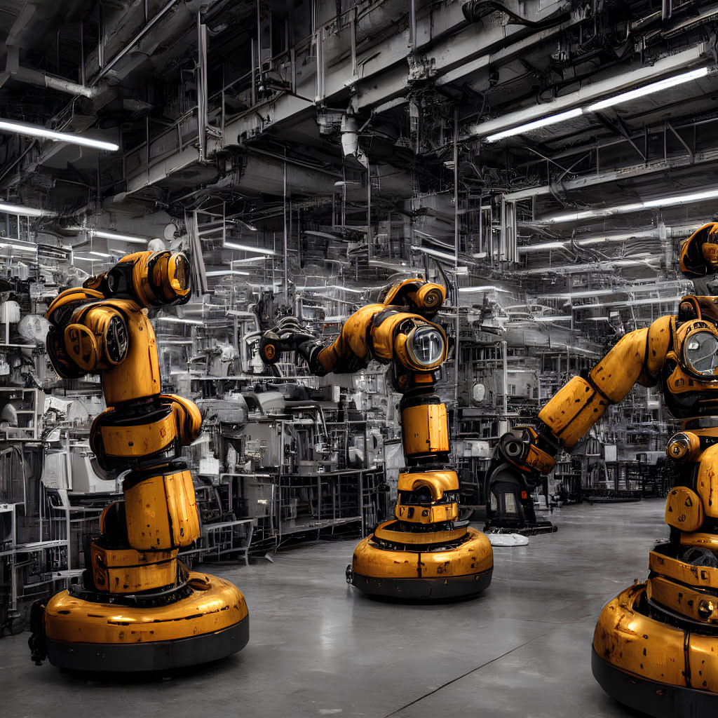Industrial setting with multiple robotic arms in desaturated colors and yellow machinery.