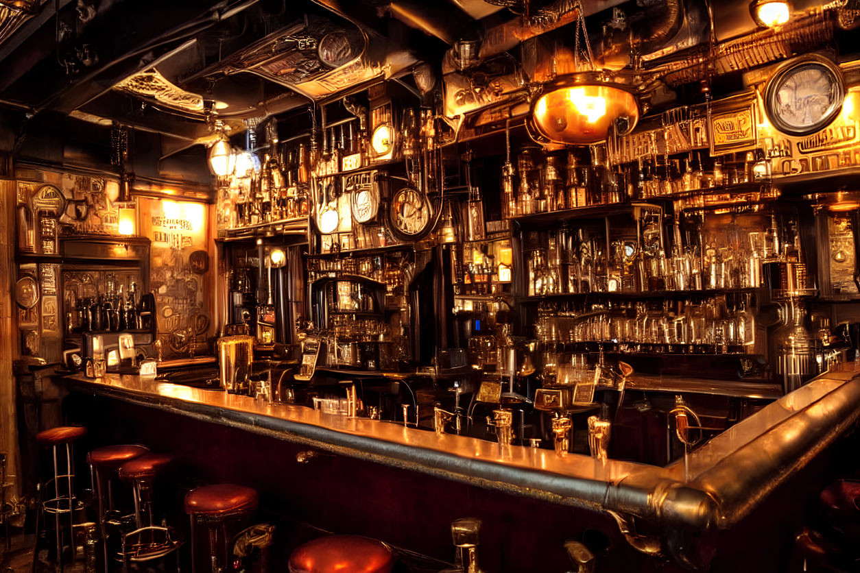 Vintage bar with wooden stools, shelves of bottles, antique clocks, warm lighting.