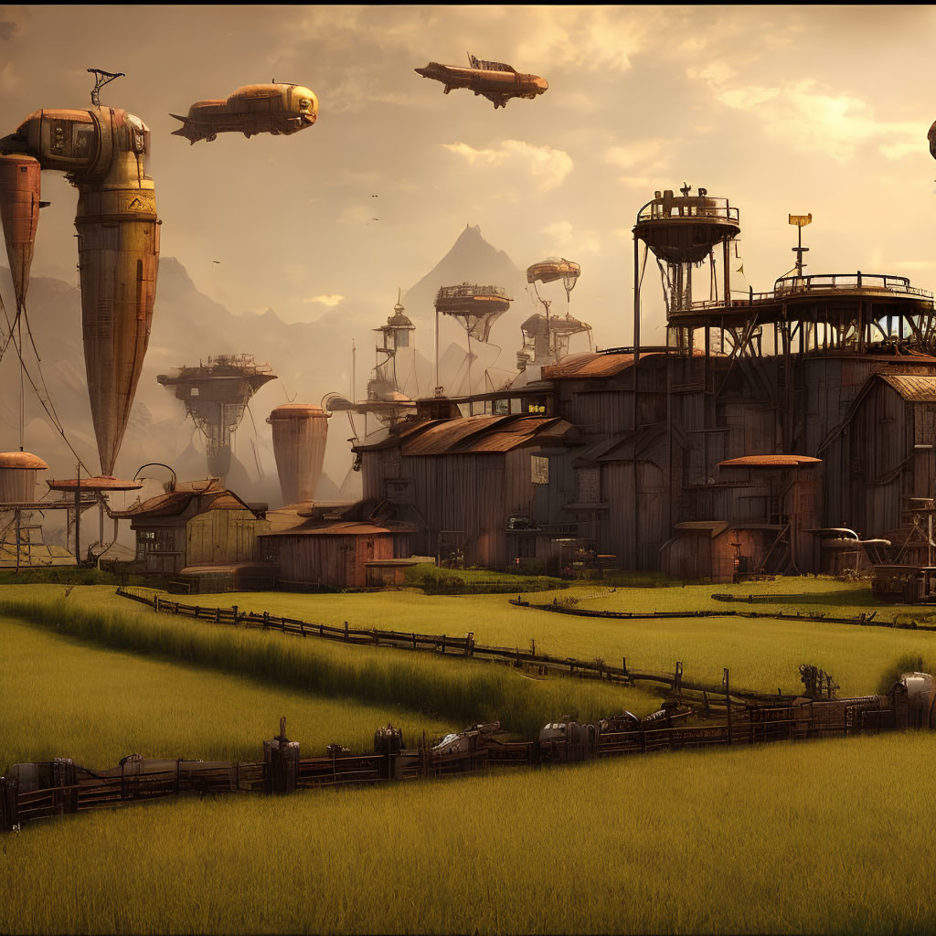Rustic steampunk village with towering structures and zeppelins under a golden wheat field