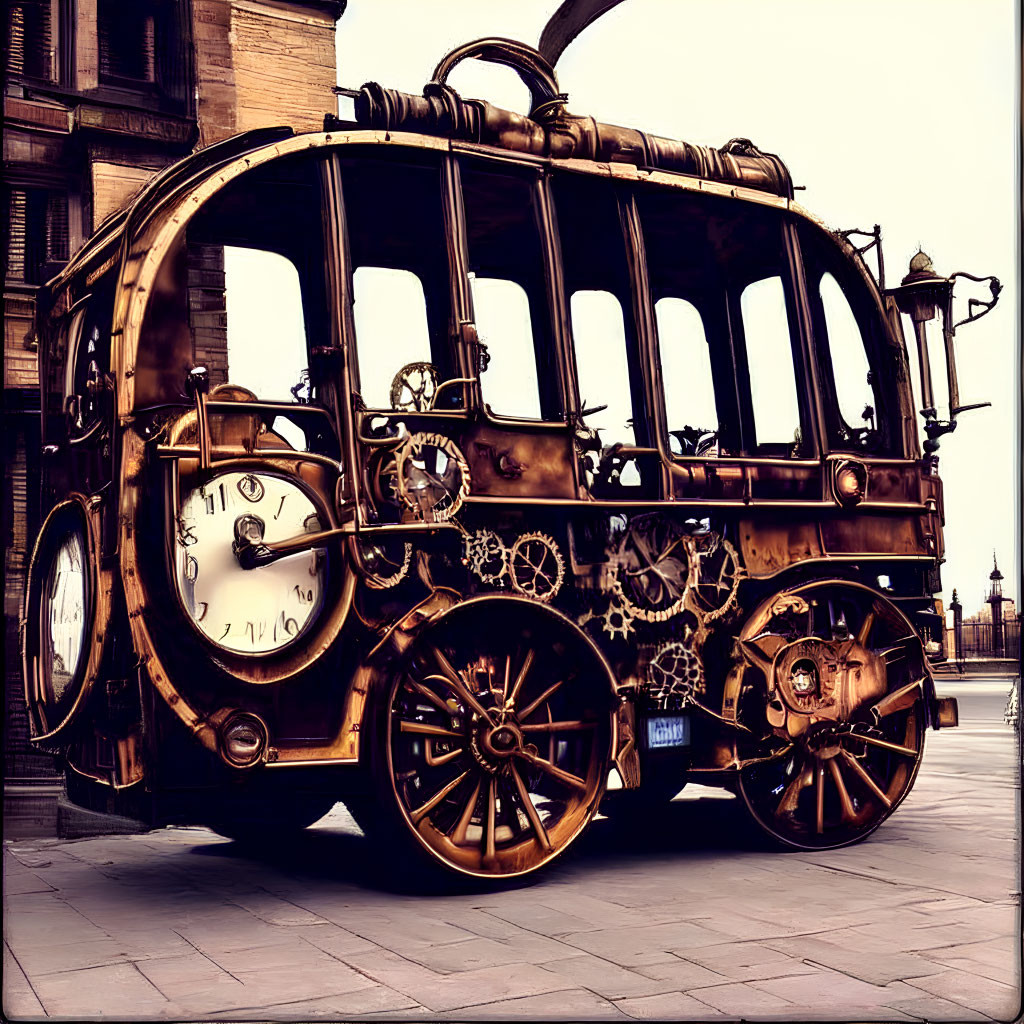 Steampunk-style bus with brass gears and clock parked on cobblestone area.