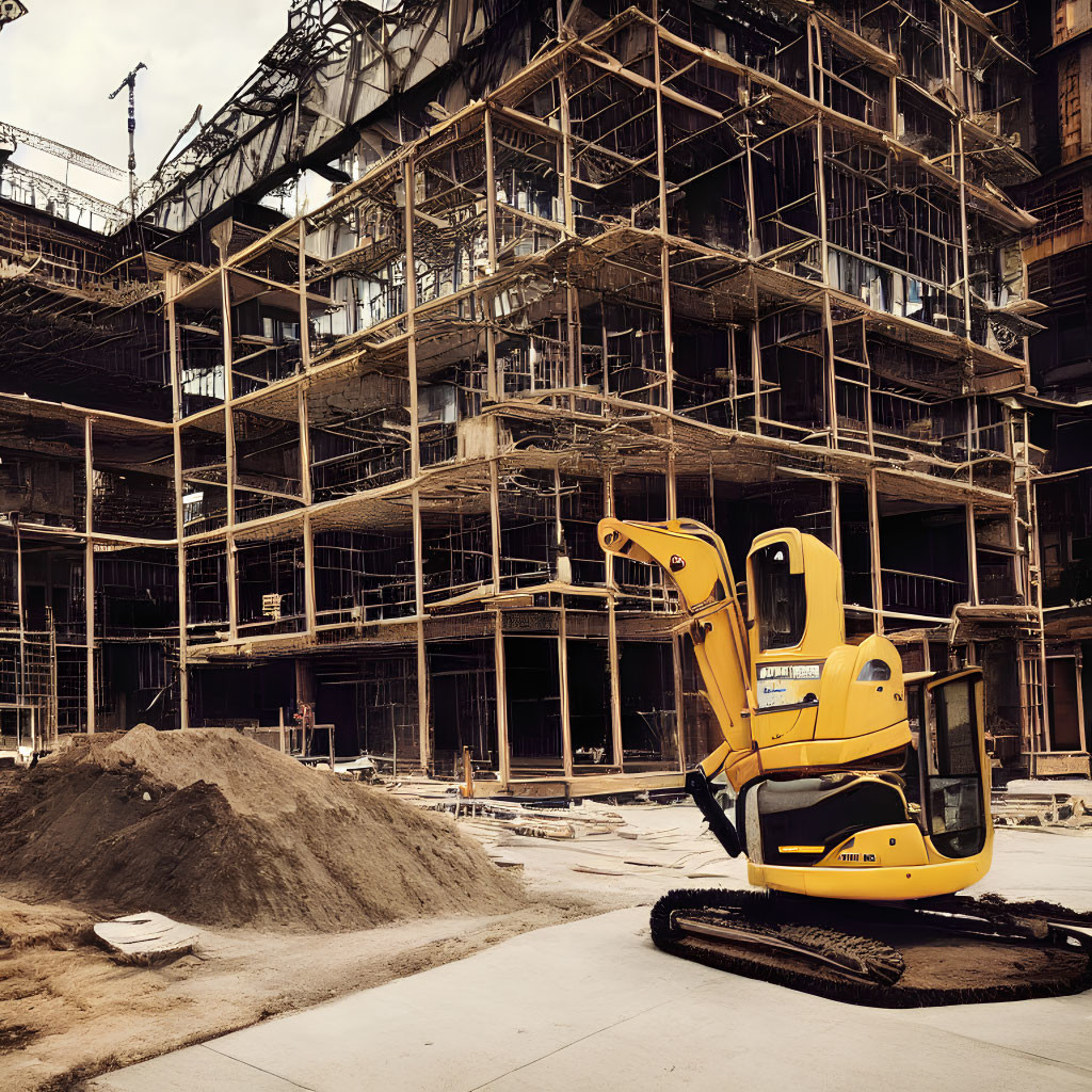 Yellow Excavator on Construction Site with Scaffolding and Structure Background