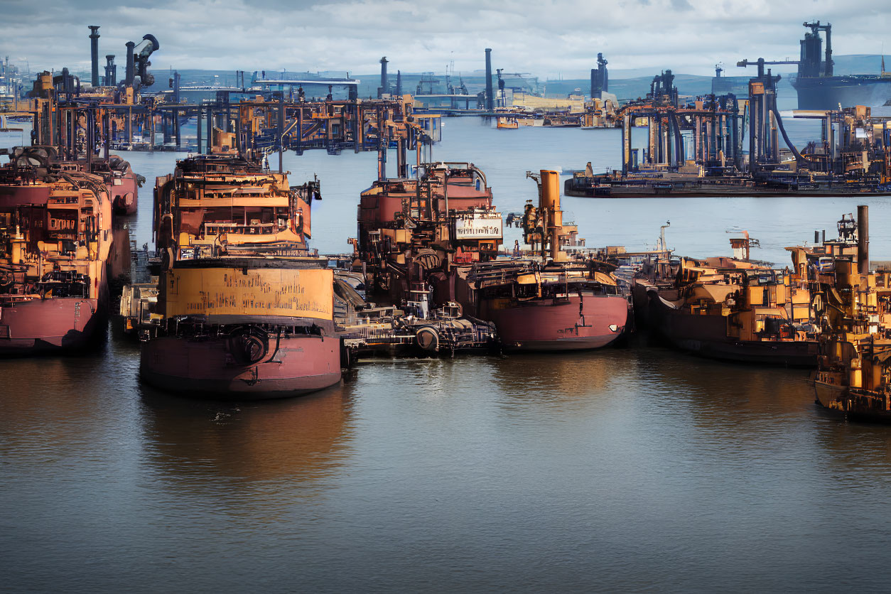 Large industrial ships in harbor with cargo and cranes under cloudy sky