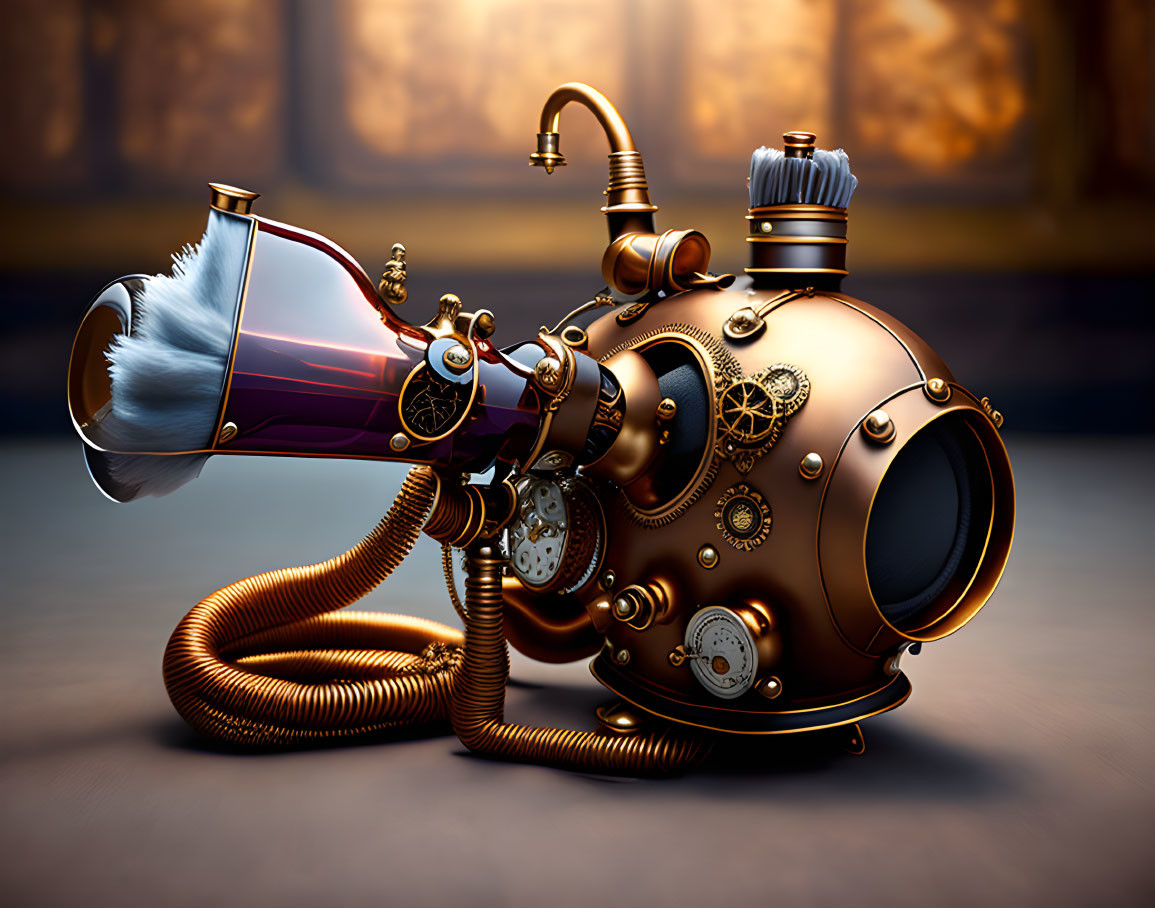 Steampunk-style vacuum cleaner with metallic gears and brass finish