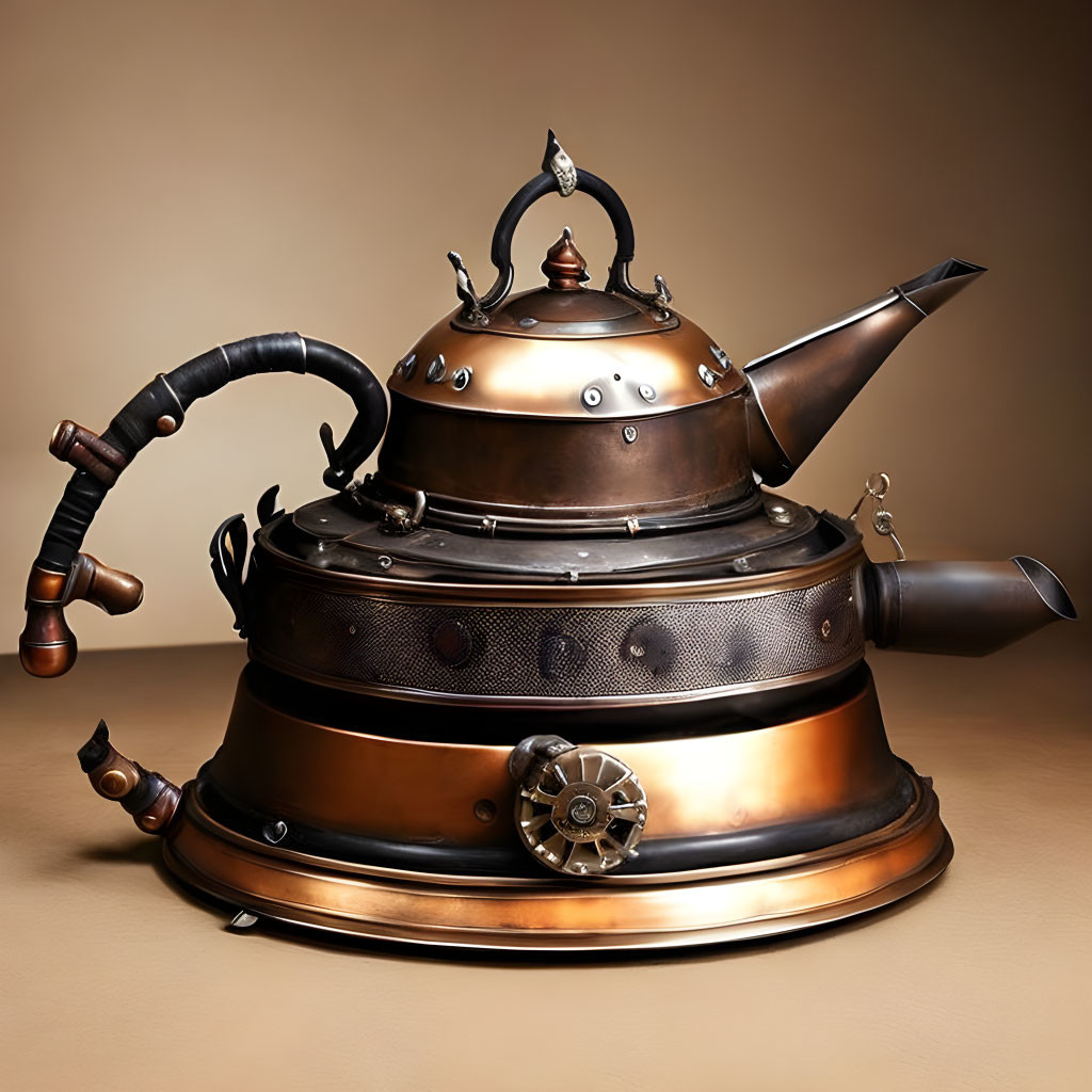 Steampunk-style Teapot with Multiple Spouts and Intricate Metalwork on Tan Background