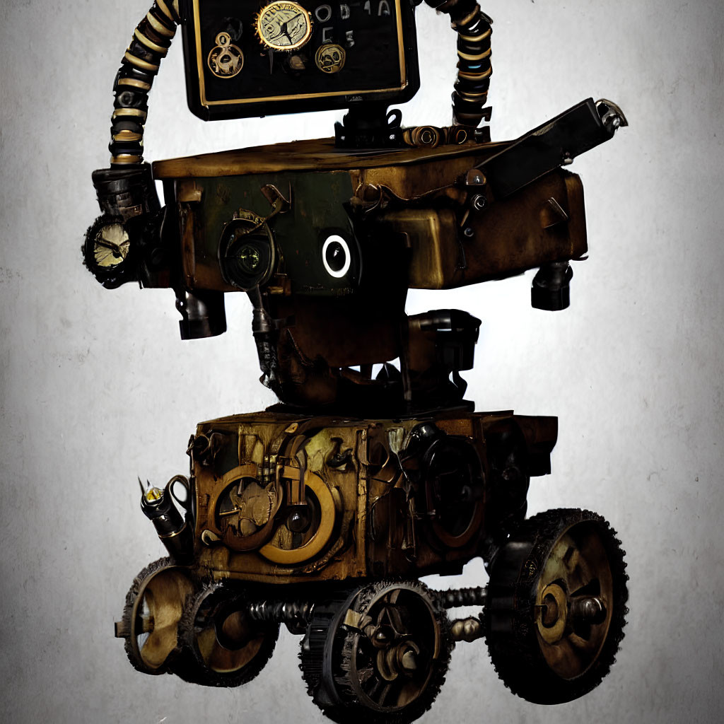 Steampunk-style robot with vintage aesthetic and dark color palette on four wheels
