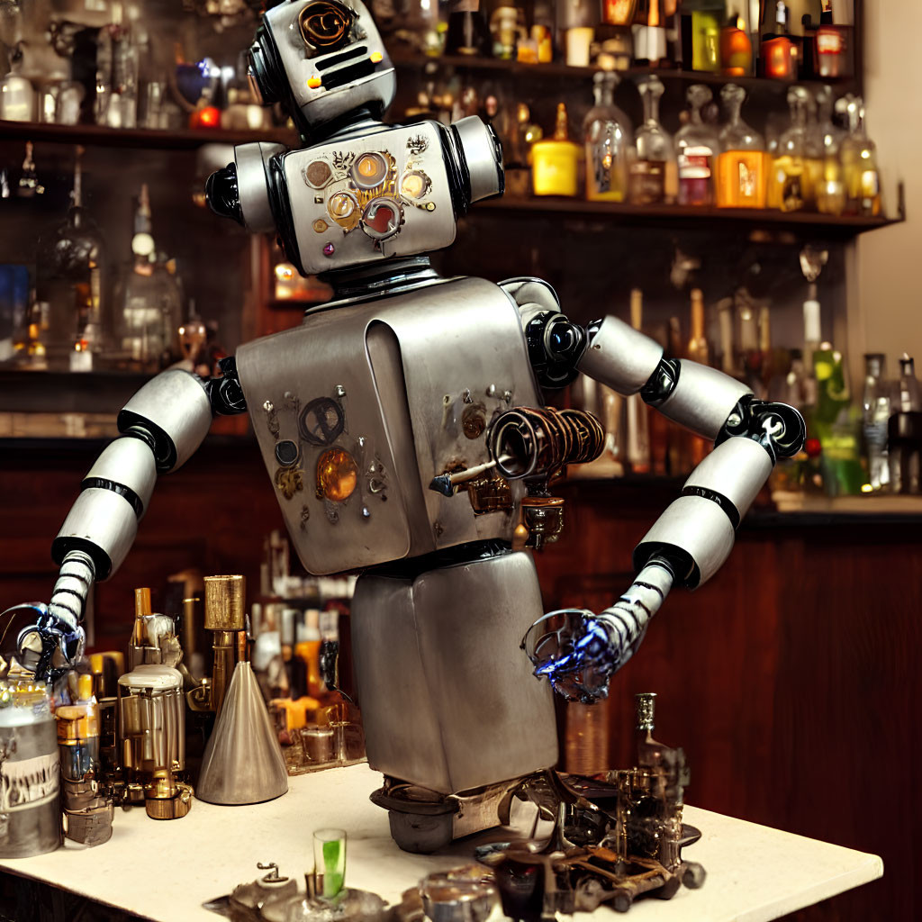 Vintage Robot Bartender Mixing Drink in Bar Setting
