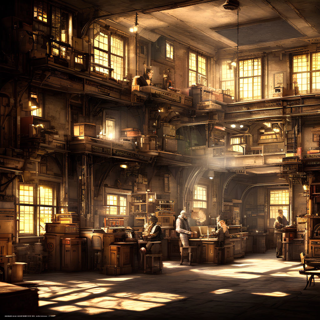 Detailed Steampunk Workshop Scene with Multiple Individuals Working
