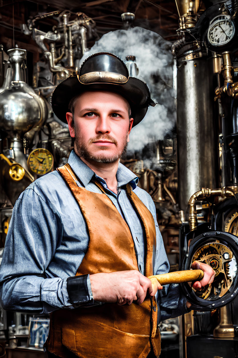Steampunk man in top hat and leather vest in workshop with brass pipes and gauges.