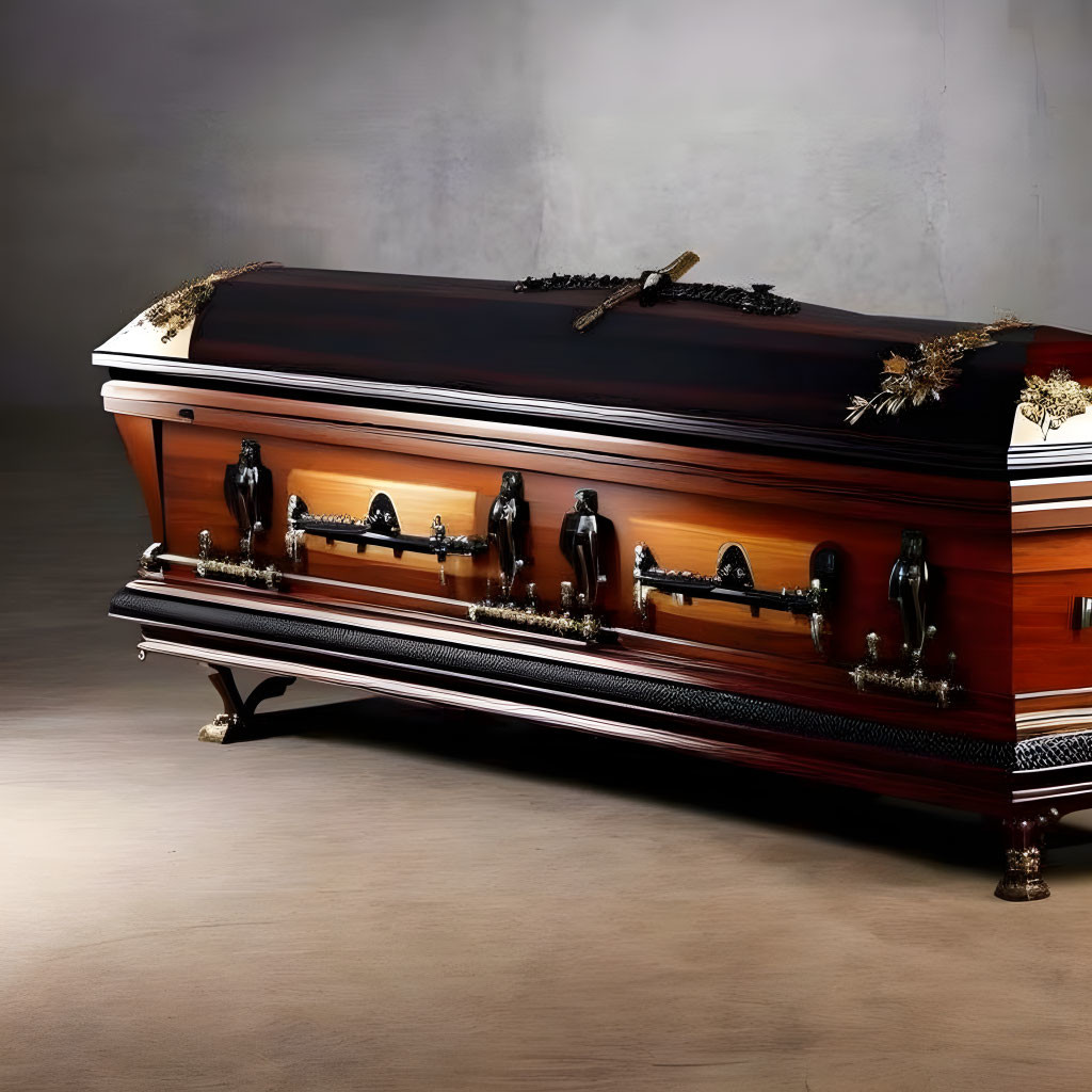 Polished wooden coffin with metal handles in dimly lit setting