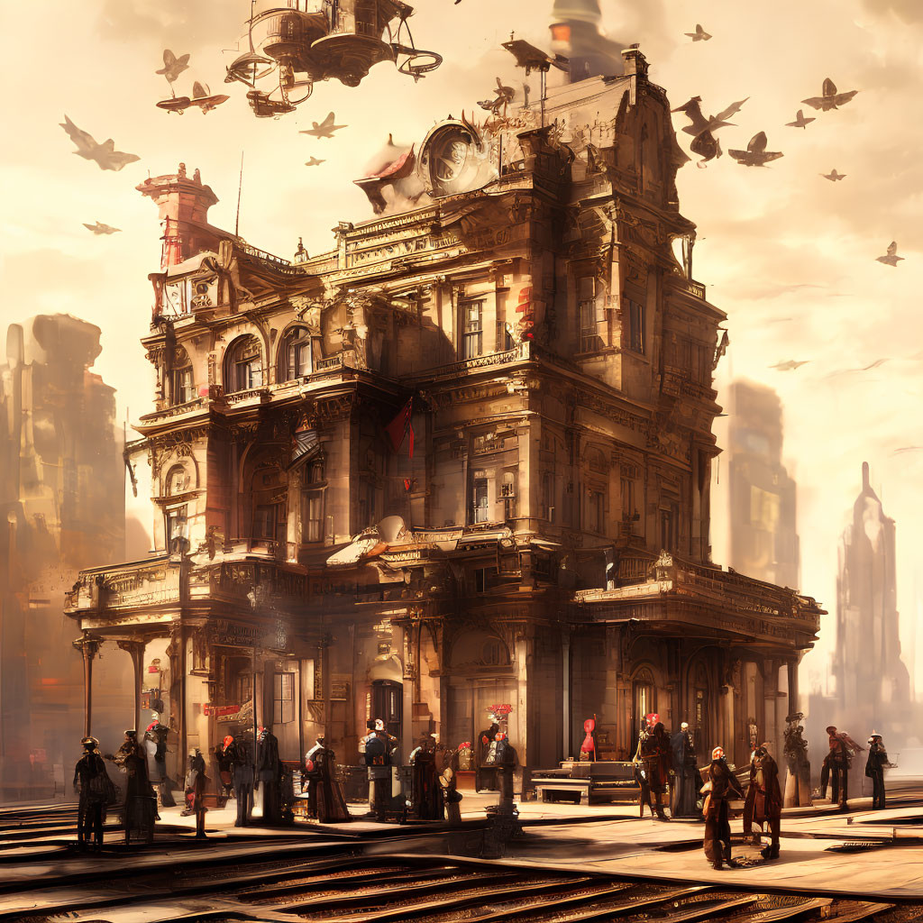Steampunk-style building with ornate architecture and airships in a hazy cityscape