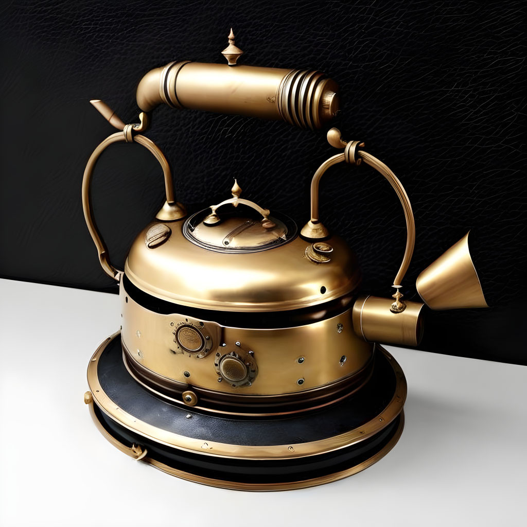 Steampunk-style kettle with brass and copper tones on dark textured background