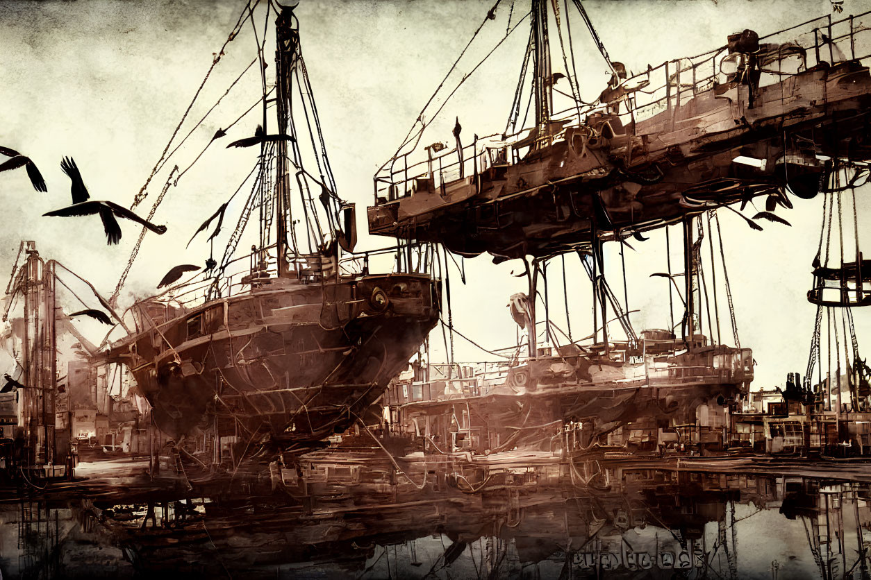 Vintage maritime scene with shipyard, cranes, and ship repair under sepia tones.