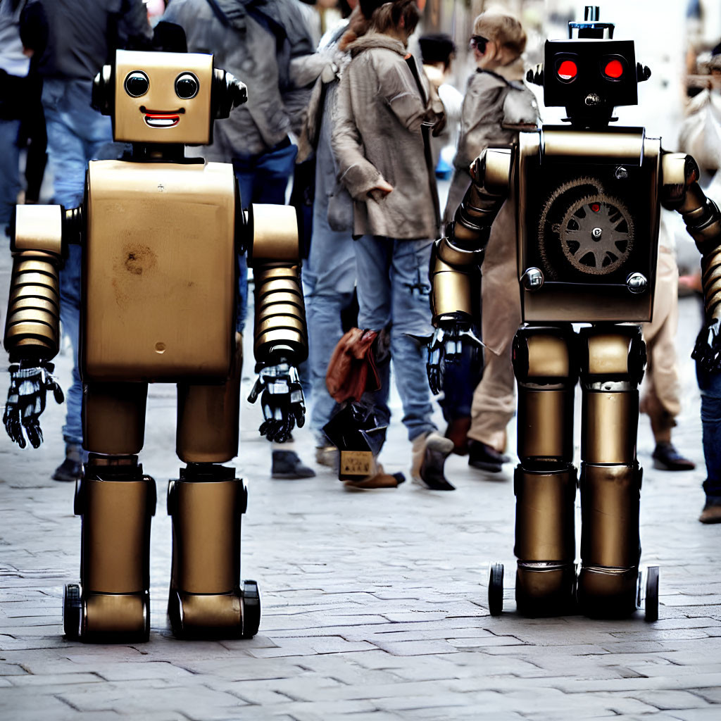 Metallic humanoid robots with cartoon faces in public space