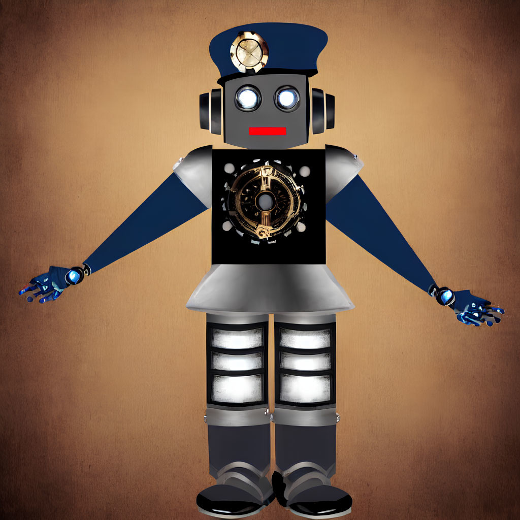 Vintage-Style Robot Illustration with Large Central Gear and Blue/Silver Color Scheme