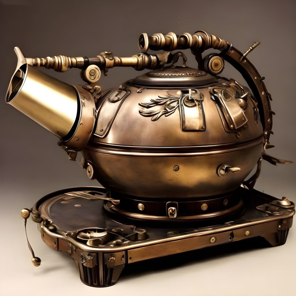 Brass Steampunk-Style Teapot on Tray with Gauges and Gears