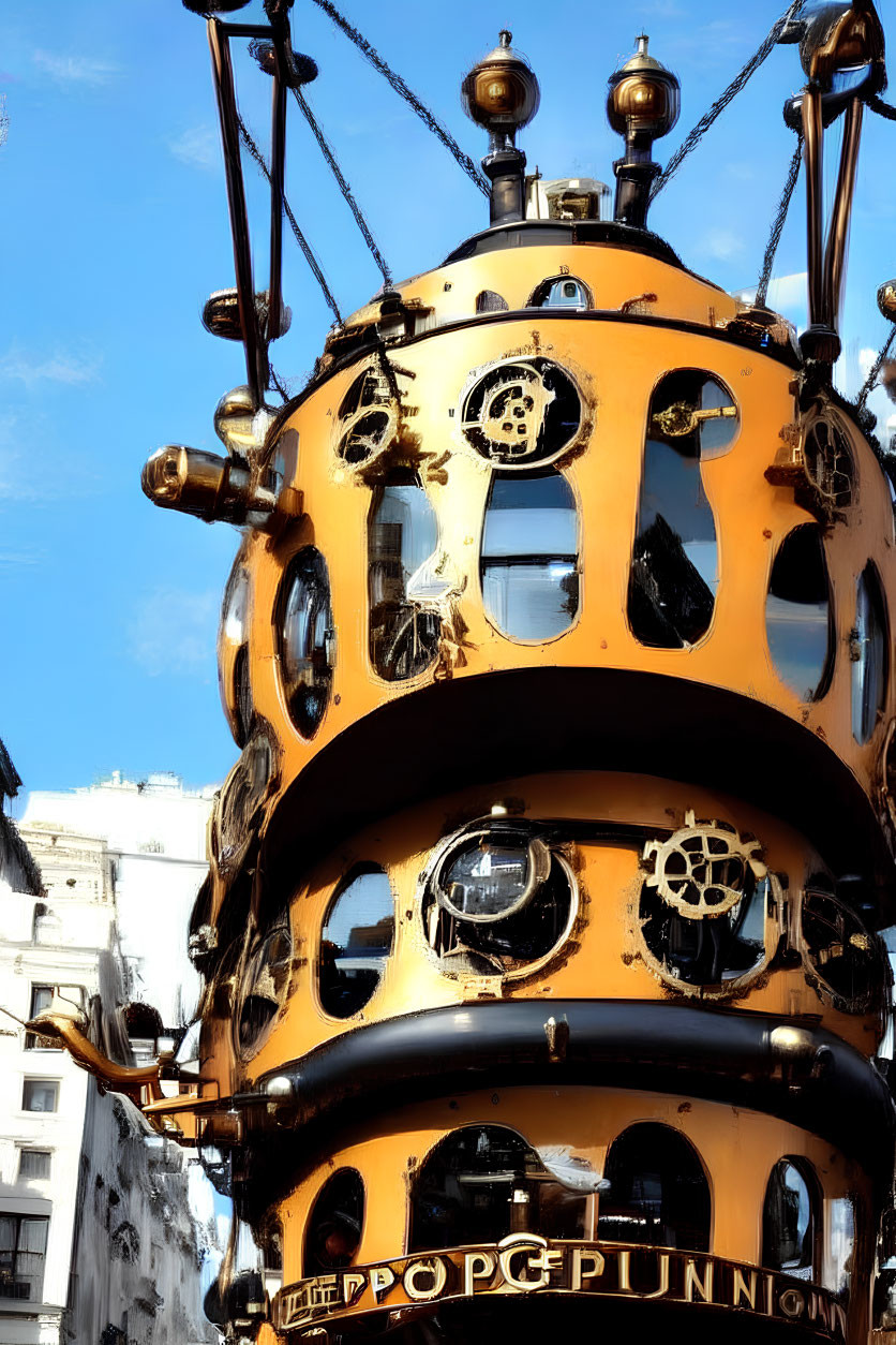 Steampunk-style spherical object with round windows and mechanical details against blue sky and buildings.