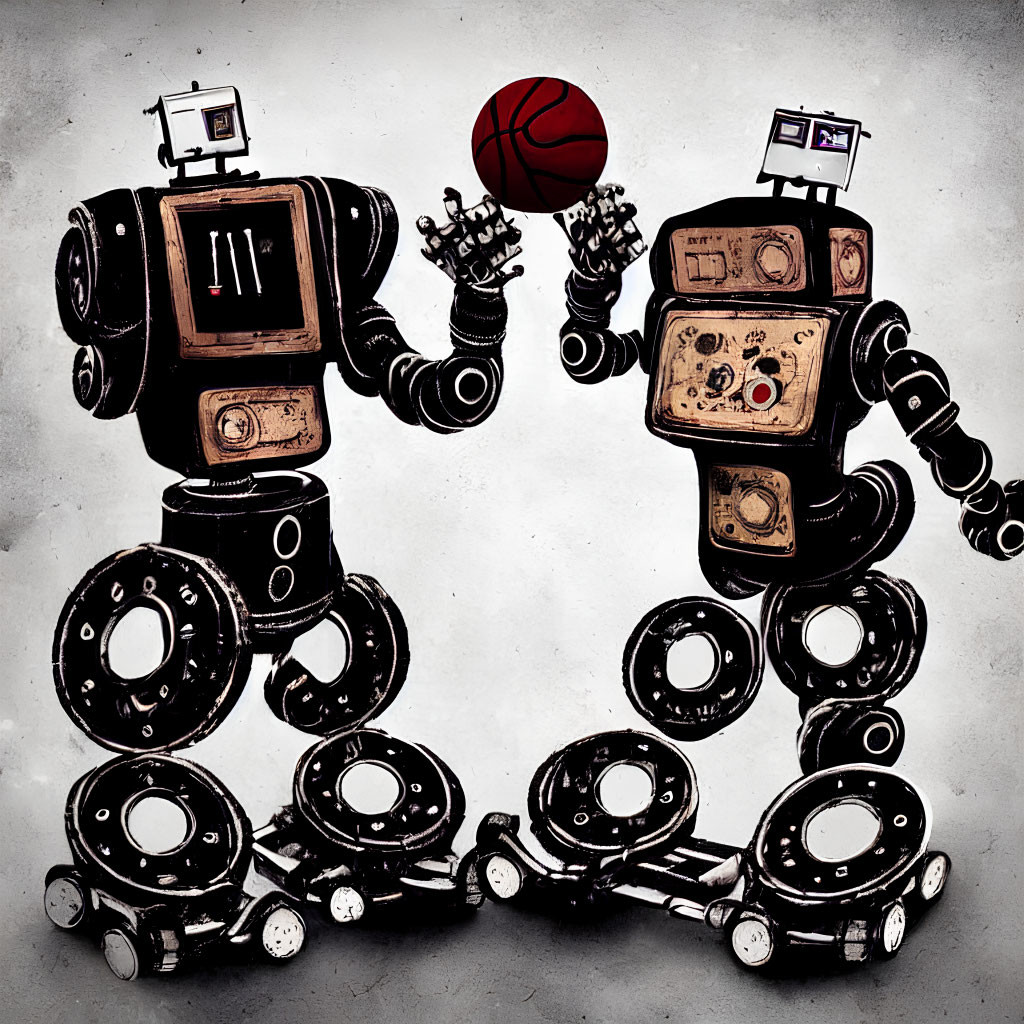 Whimsical robots playing basketball on grey background