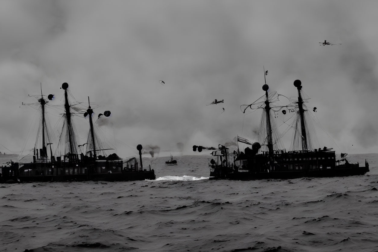 Grayscale image of rough seas with old ships and helicopters under cloudy sky