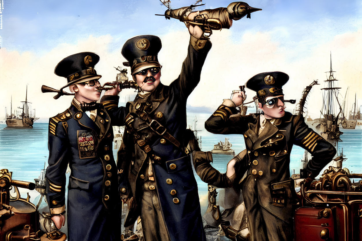 Steampunk-style officers with brass goggles and gadgets by the sea.