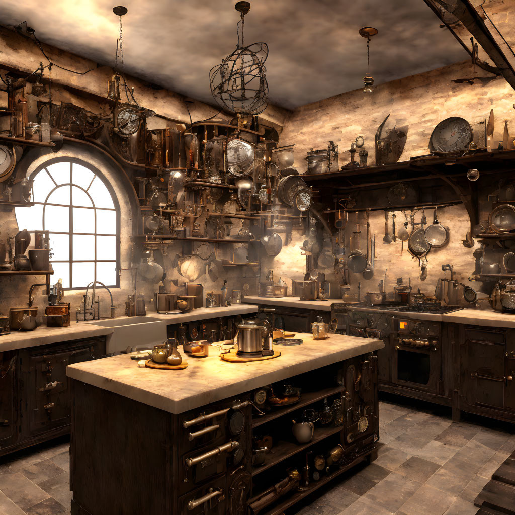 Traditional Kitchen with Wooden Cabinets, Copper Utensils, Island, and Arched Window