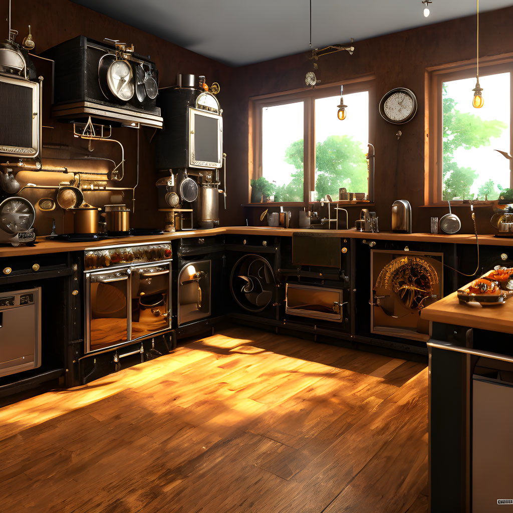 Vintage-Style Kitchen with Black Cabinetry and Antique Appliances