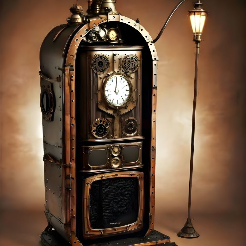 Steampunk-style device with clocks, gauges, and speaker on warm backdrop