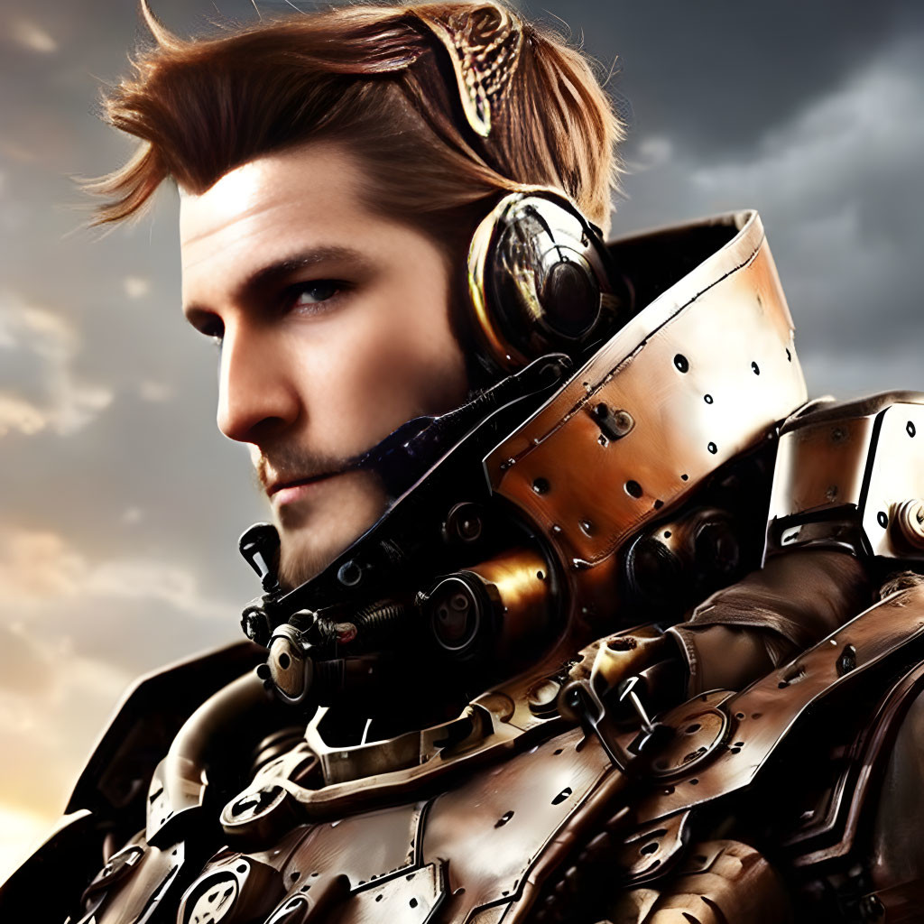 Futuristic knight armor man with headset in stormy sky.