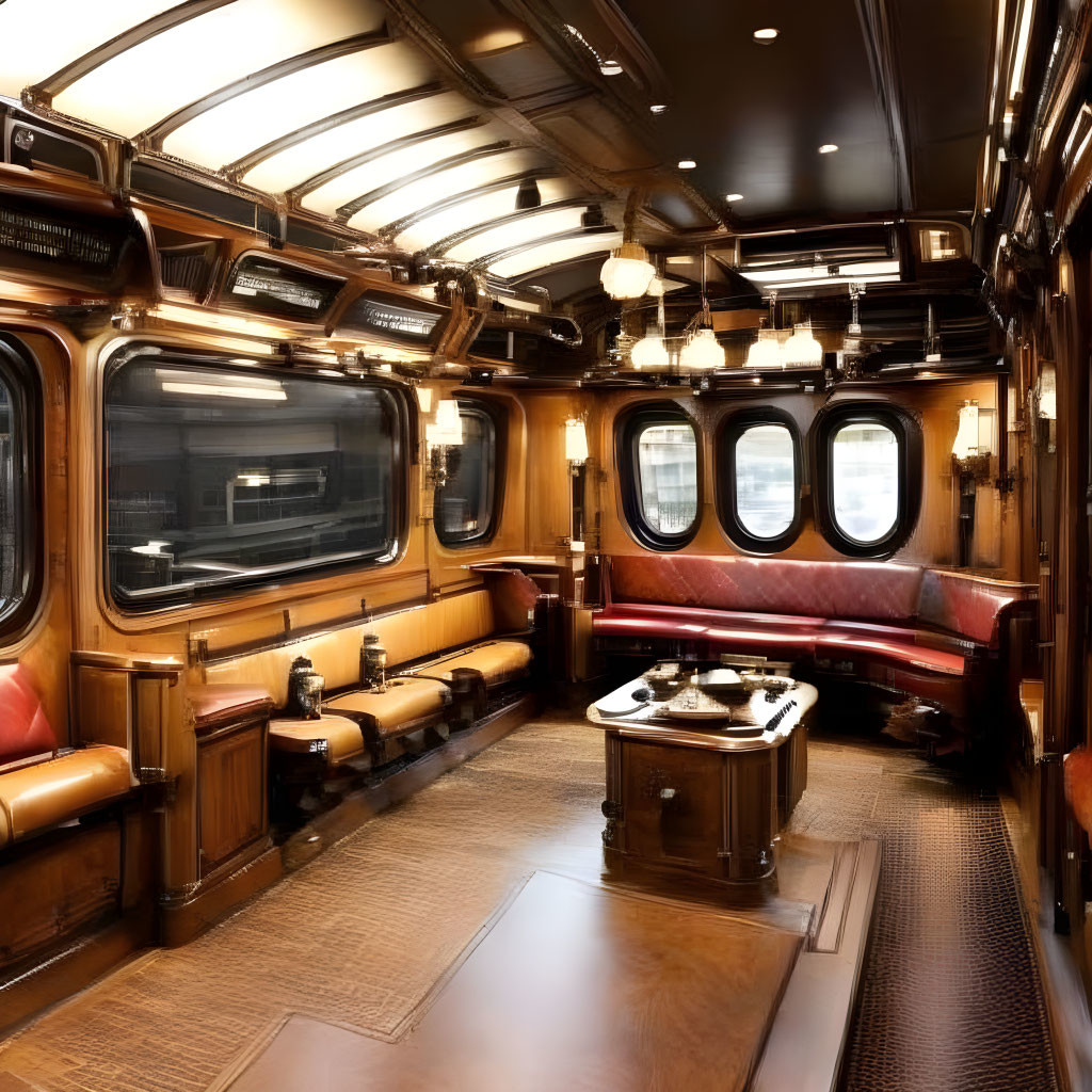 Vintage Train Carriage Interior: Polished Wood, Leather Seats, Brass Lamps