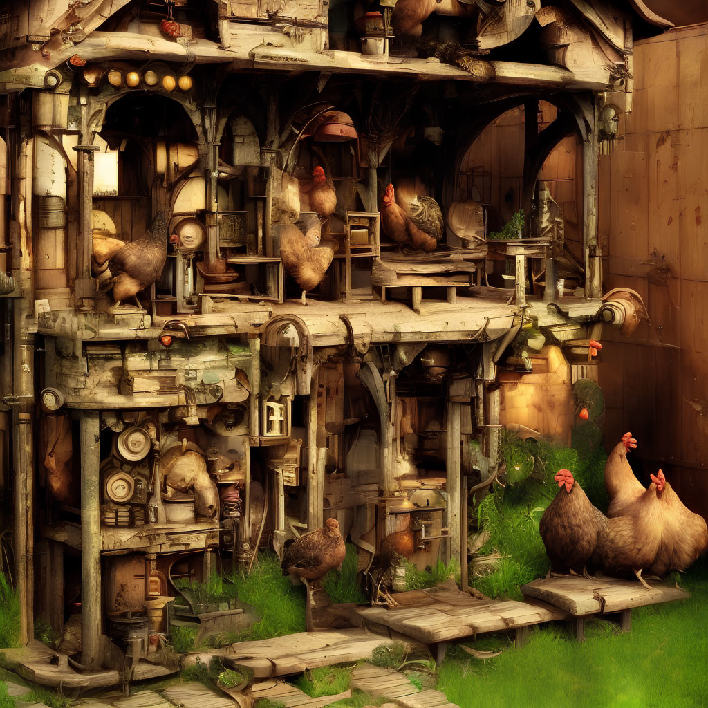 Detailed Steampunk-Inspired Chicken Coop Illustration