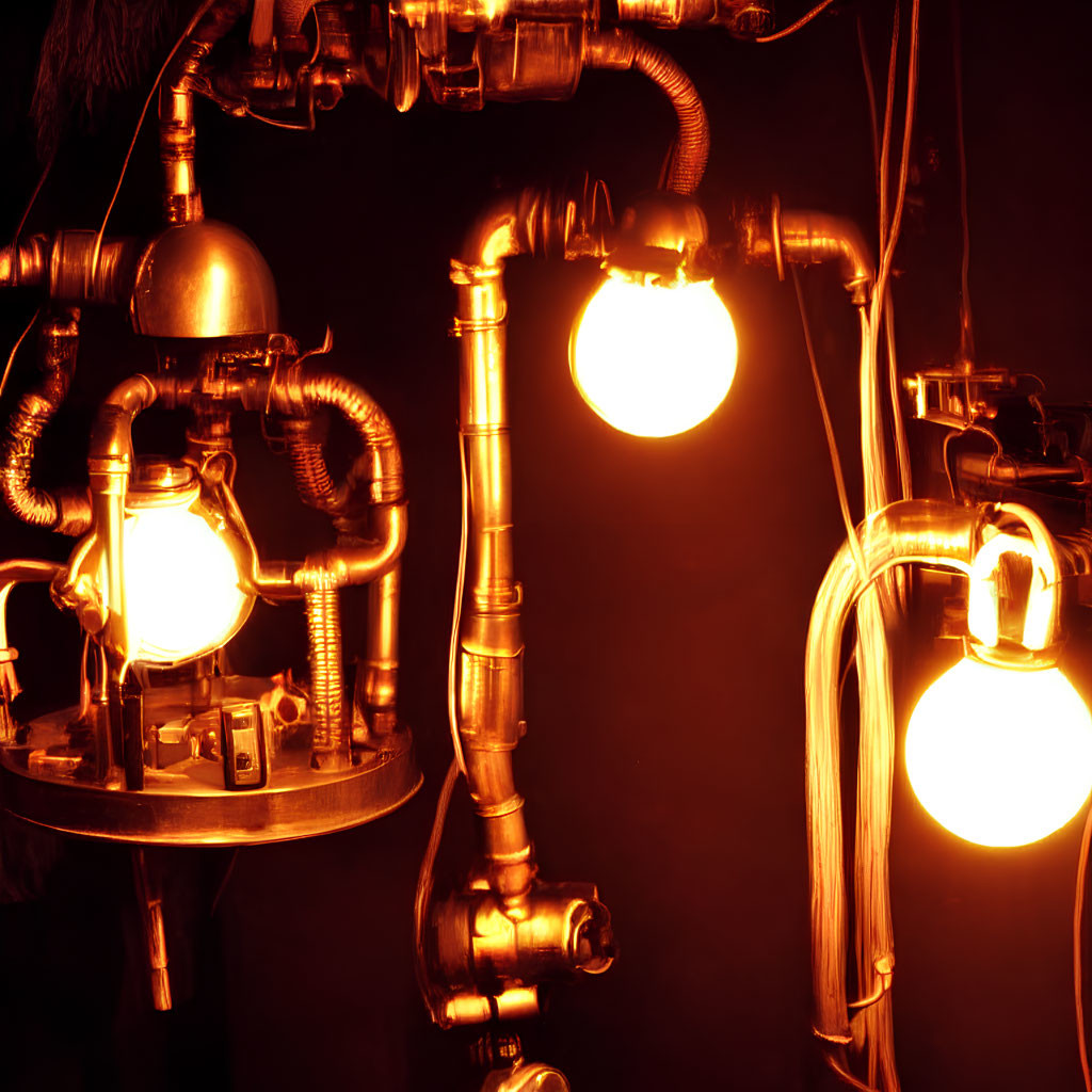 Metallic pipes and glowing light bulbs in steampunk setup