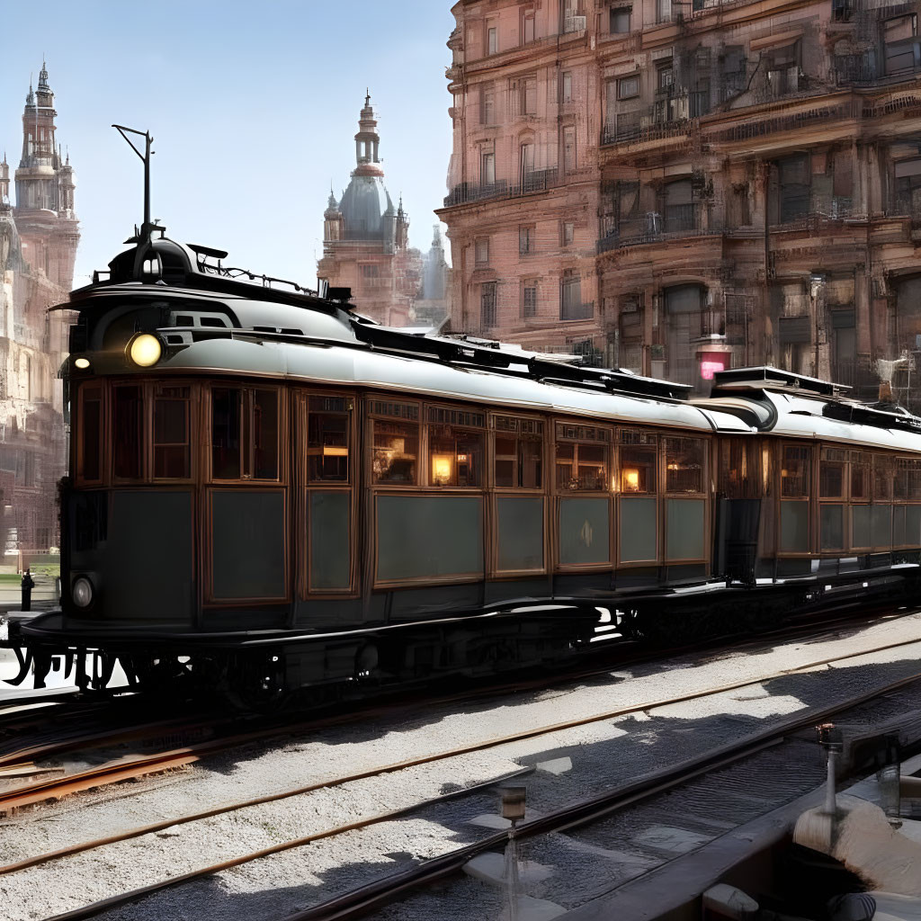 Vintage Tram on Urban Tracks with Ornate Historic Buildings