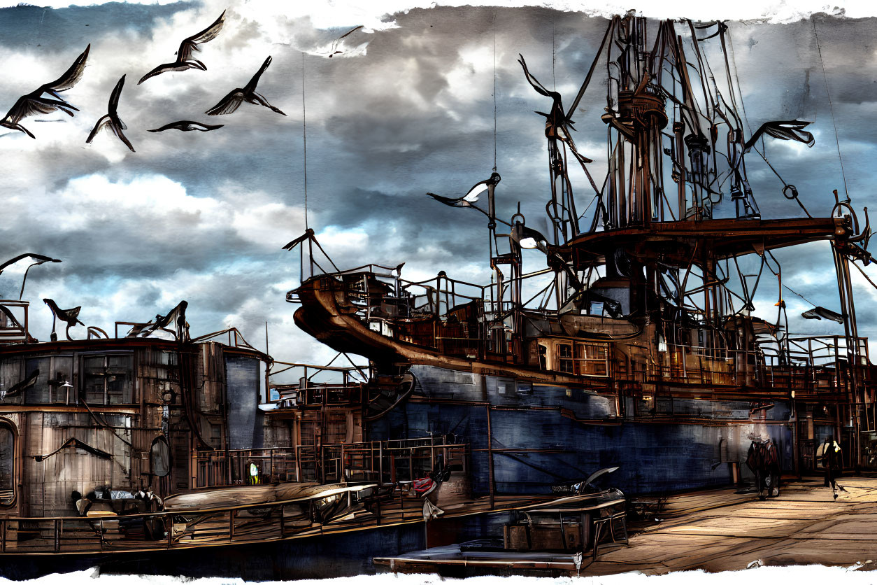 Illustration of old, rusted ship at bleak dockyard with lone figure under cloudy sky