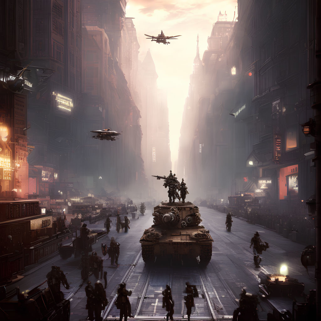 Dystopian cityscape with soldiers, crowds, and flying crafts at sunset