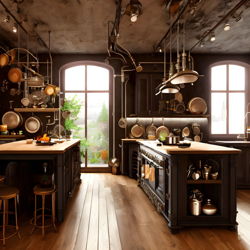 Rustic kitchen interior with wooden floors and vintage lighting
