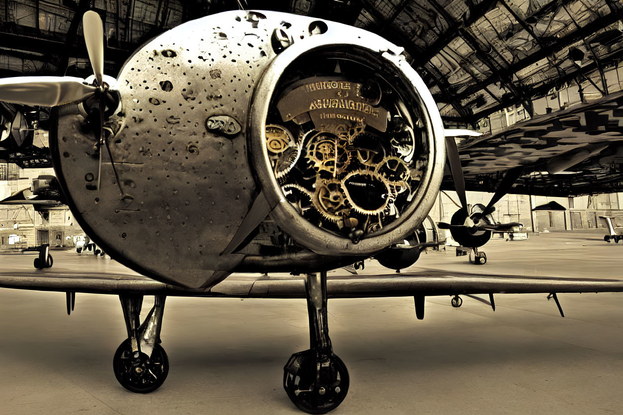 Vintage airplane with steampunk engine design in hangar.