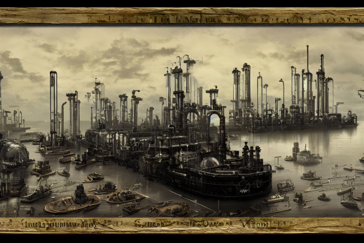 Steampunk-style industrial cityscape with towering structures, airships, and boats