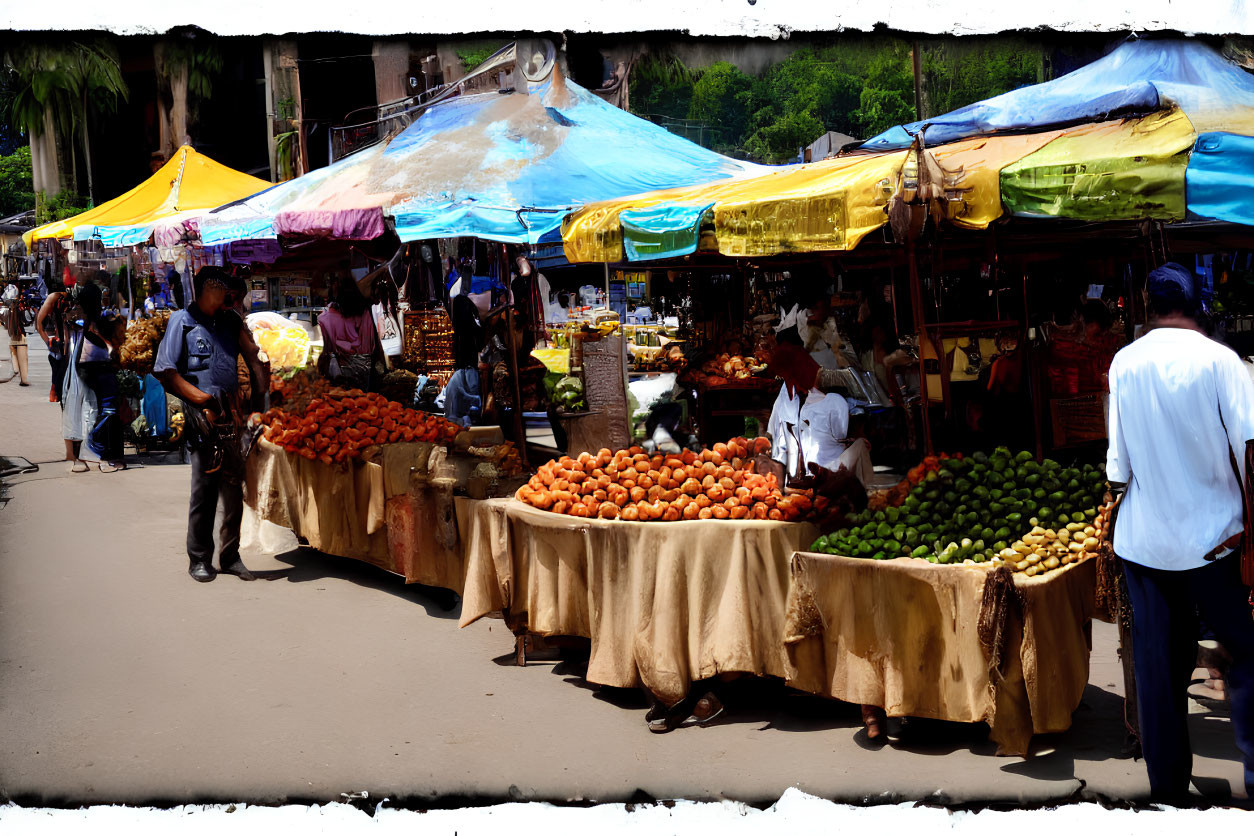 Vibrant outdoor market with colorful canopies and fruit vendors on a sunny day