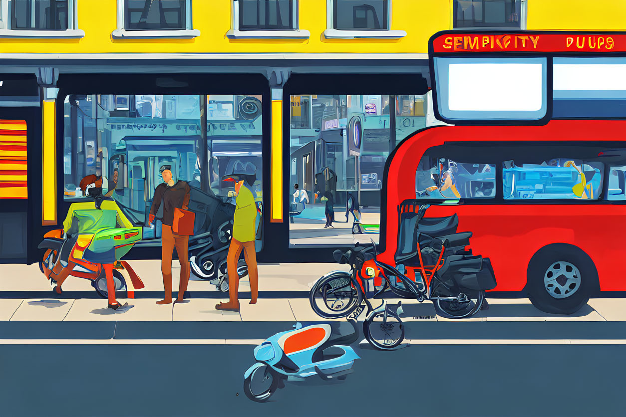 Vibrant city street with bus stop, red bus, motorcycles, and shops