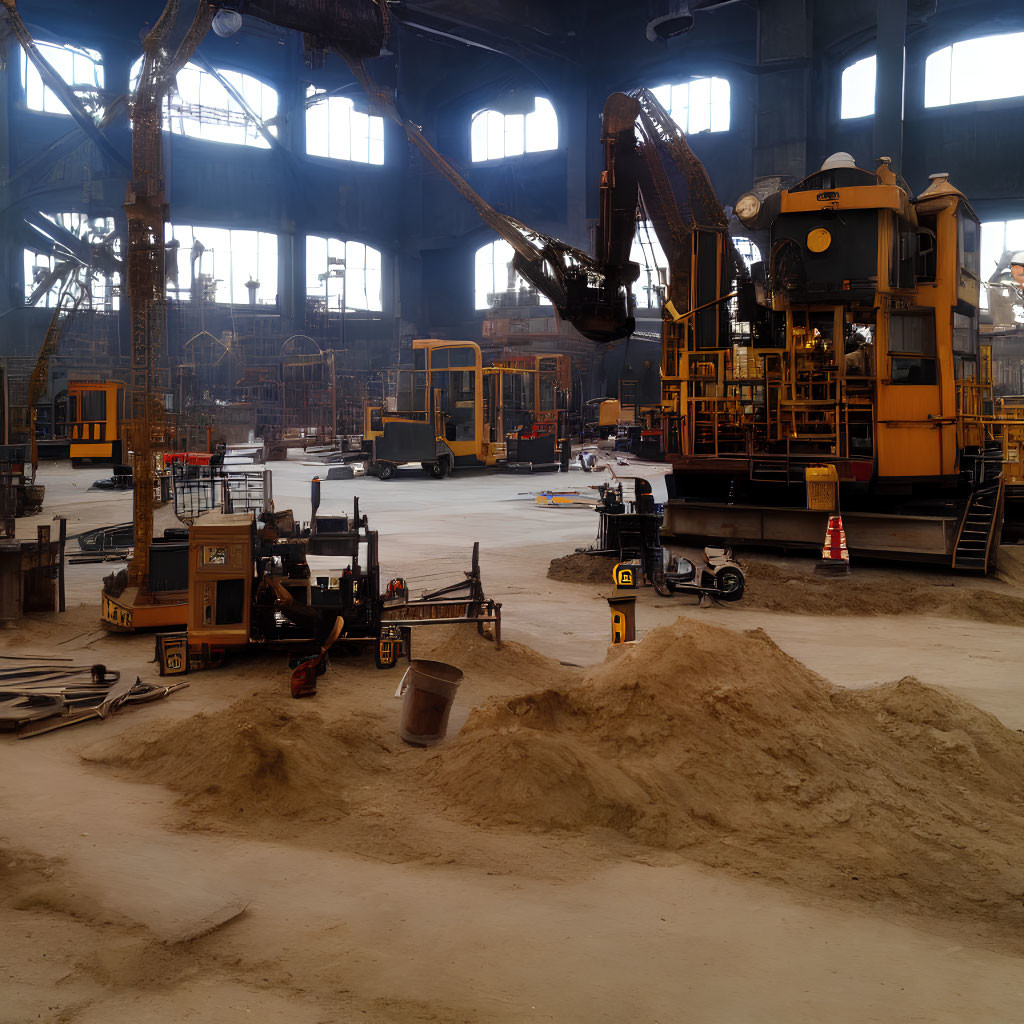Large warehouse interior with industrial machinery like excavators and forklifts.