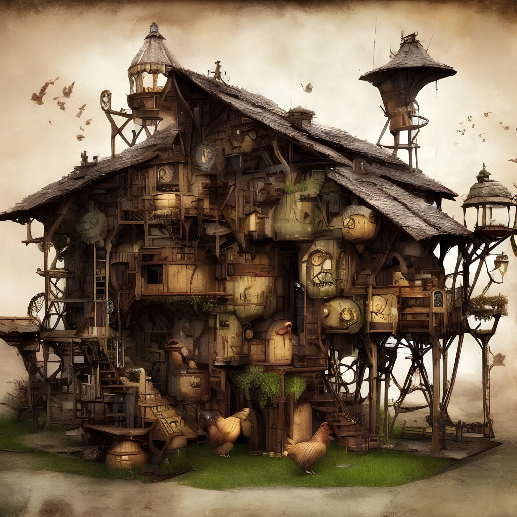 Illustrated fantasy treehouse with wooden walkways, ladders, lanterns, and birds in sep