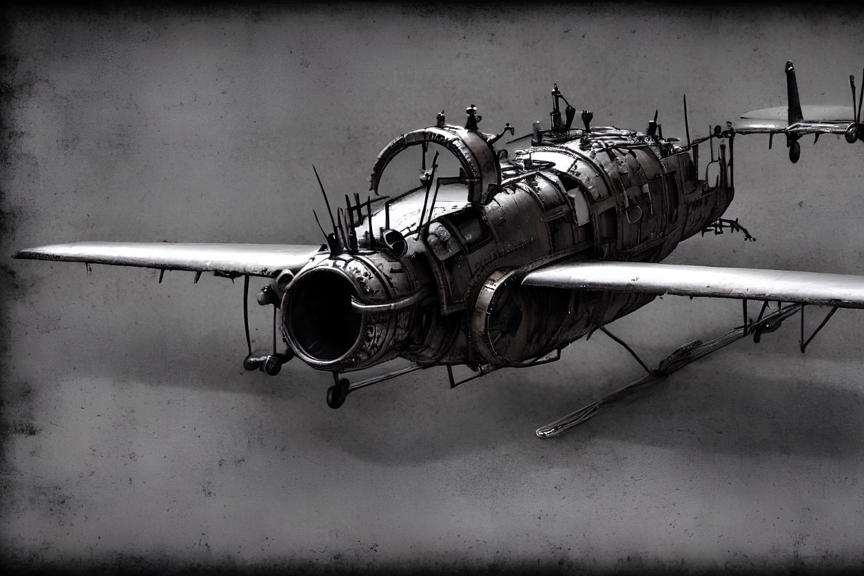 Monochromatic vintage airplane art with mechanical details on textured grey background