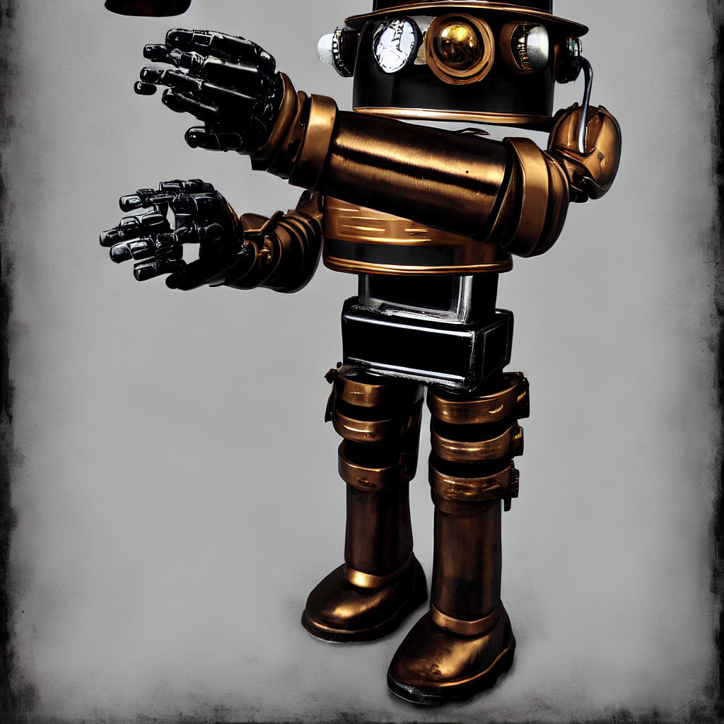 Steampunk-style robot with clock torso, intricate arms, and large boots
