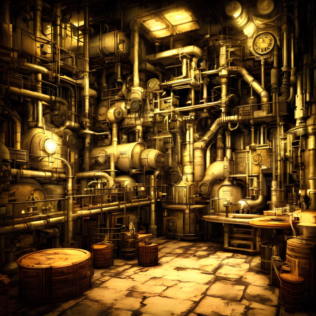 Dimly Lit Steampunk Room with Pipes and Gauges