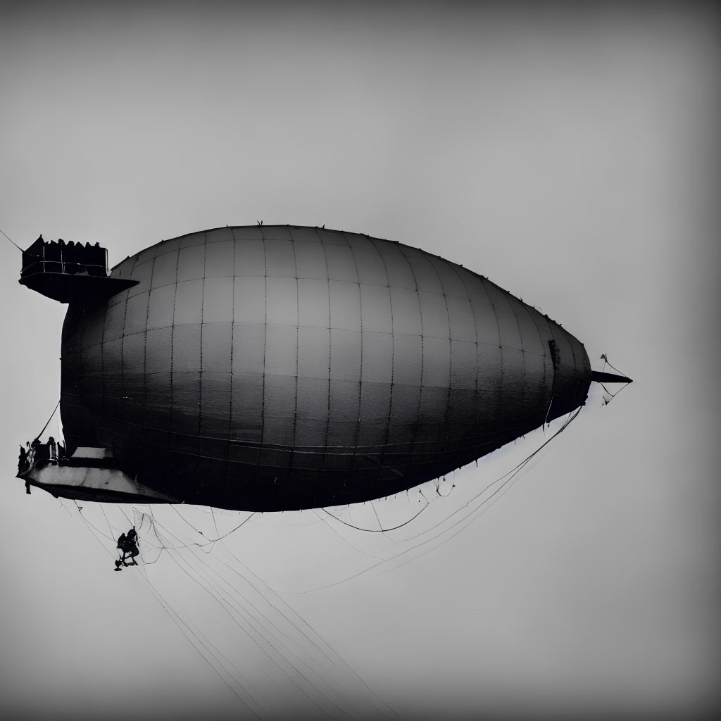 Airship silhouette with crew on platform, streamlined design and stabilizing fins