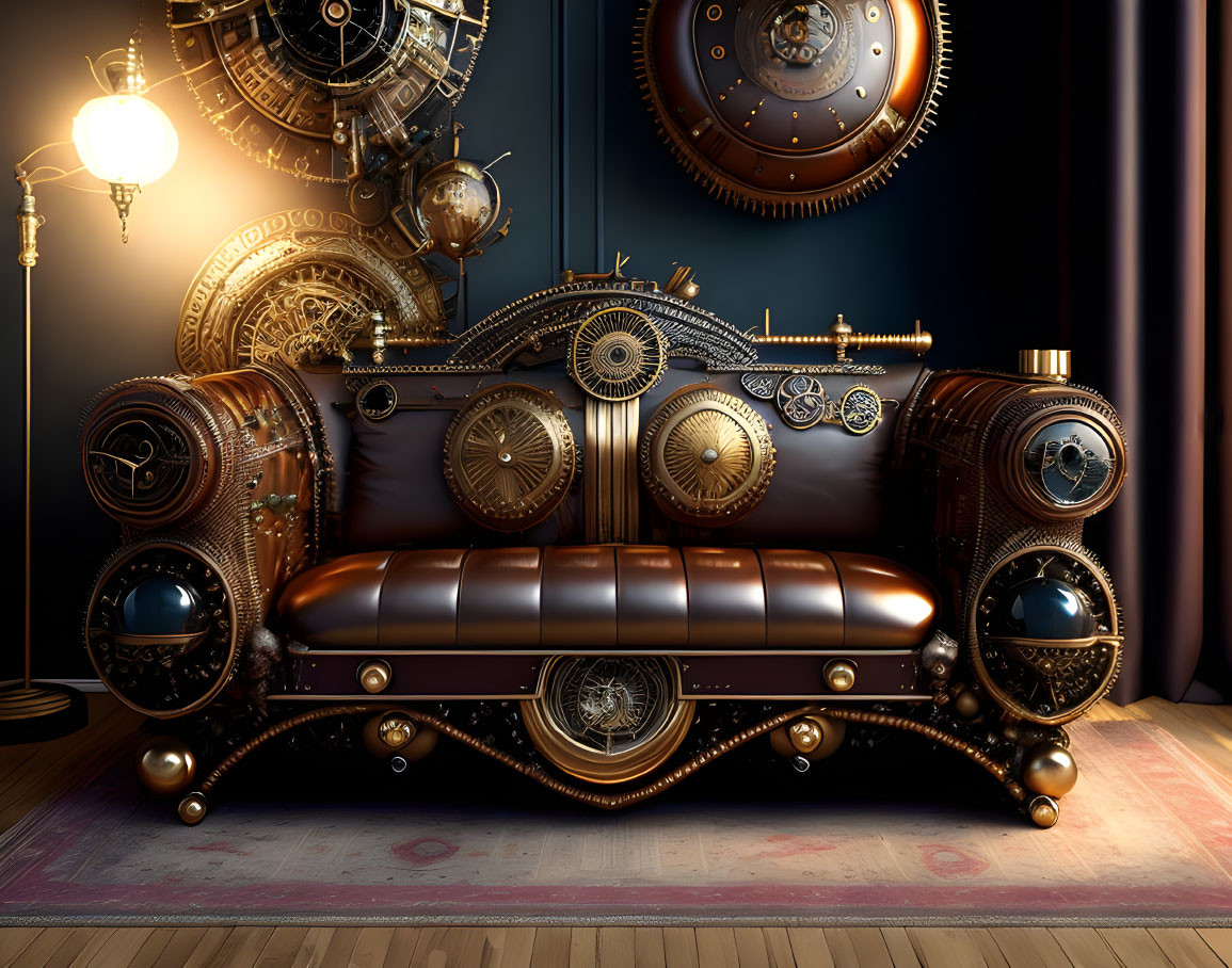 Steampunk-Themed Room with Mechanical Couch, Gears, Vintage Lamps, Curtains,