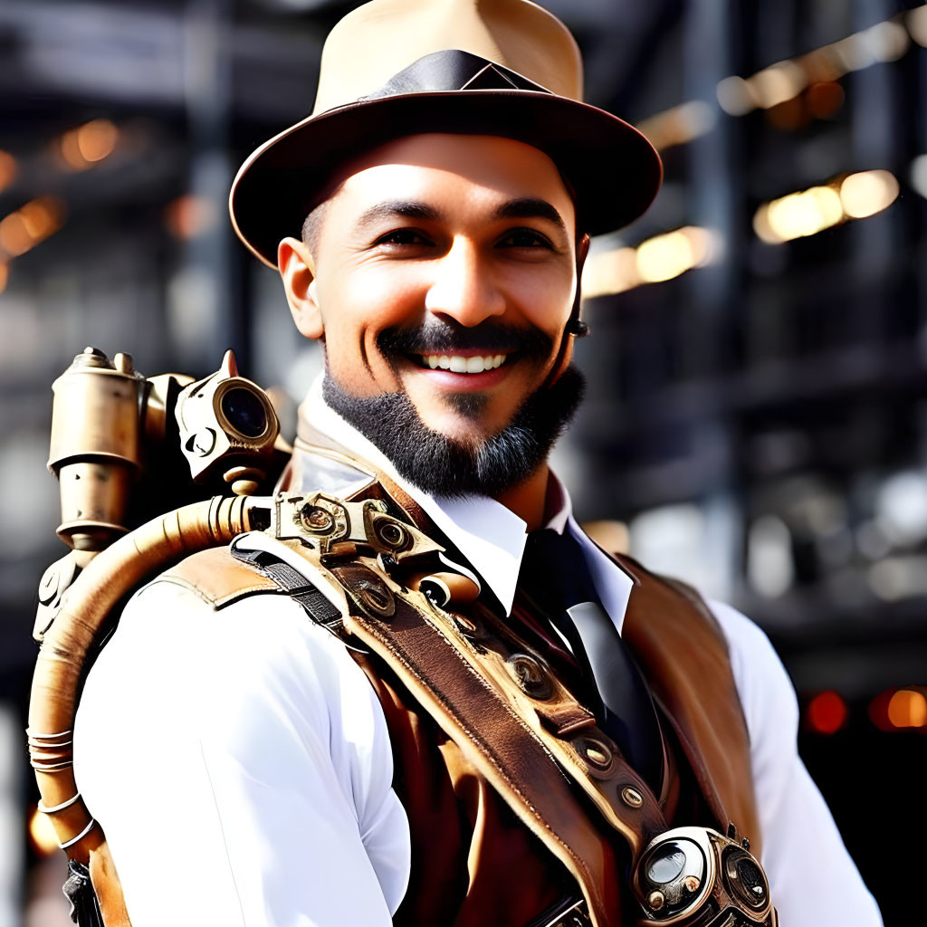 Smiling man in steampunk outfit with mechanical details