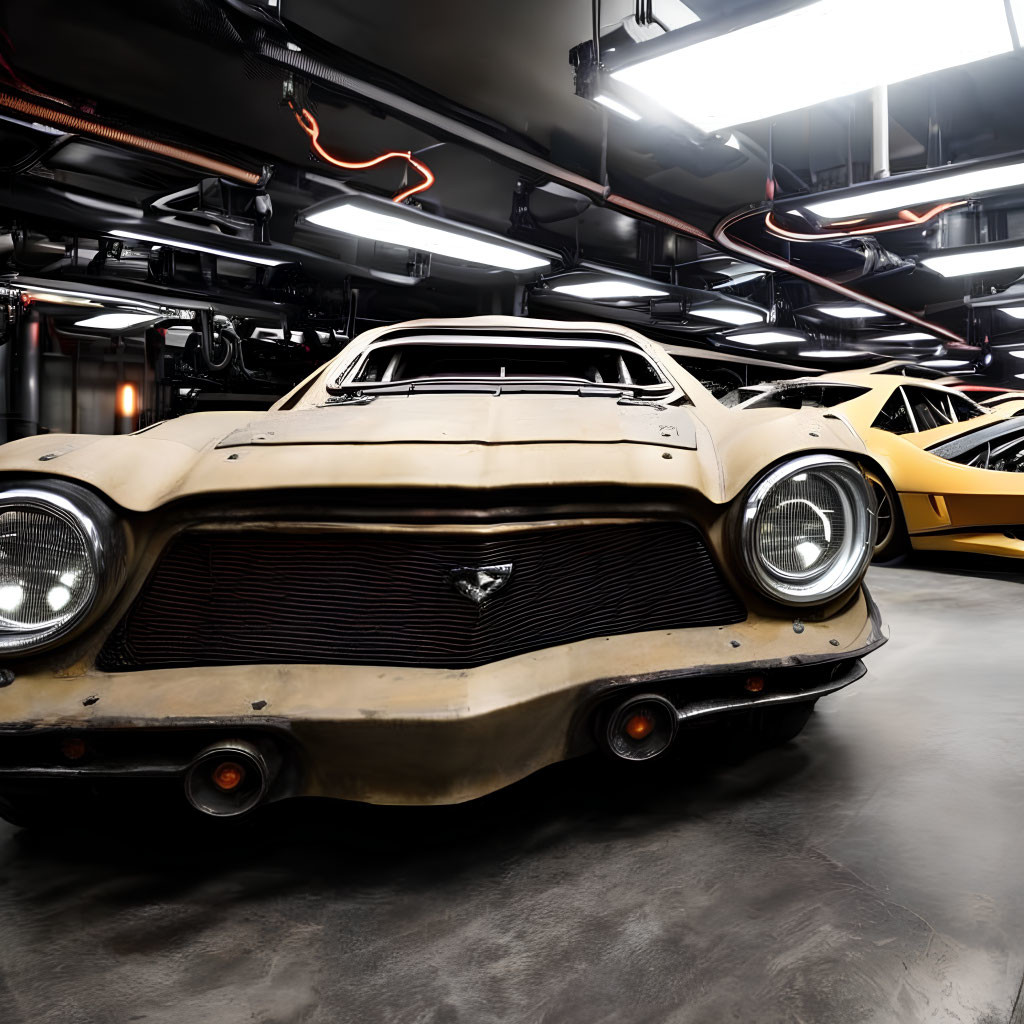 Vintage Car and Yellow Sports Car in Modern Garage